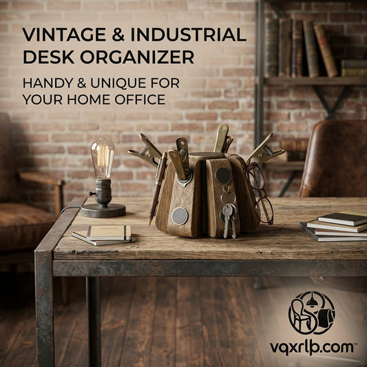 vqxrlp.com™ Vintage & Industrial Wooden Desk Organizer – Retro Rotating Desk Caddy with Magnetic Key Holder, Pen Slots, and Utility Clips for Home Office Decor & Executive Desktop Storage