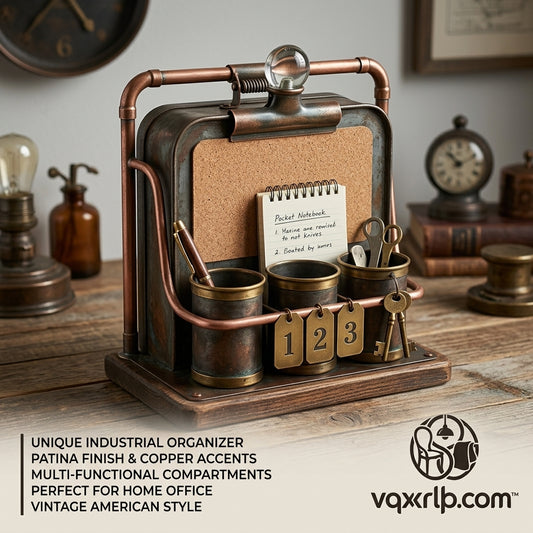 vqxrlkp.com™ Vintage Industrial Desk Organizer with Cork Board & Copper Accents – Rustic Steampunk Office Storage Caddy, Patina Metal Pen Holder, Letter & Memo Stand with Wooden Base for Home Office Decor