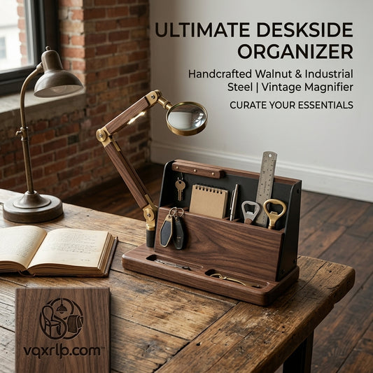 vqxrlp.com™ Handcrafted Walnut Desk Organizer with Vintage Magnifying Glass & LED Light - Premium Wood & Industrial Steel EDC Valet Tray, Executive Office Desktop Storage for Keys, Pens, and Tech Accessories
