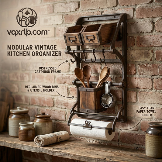 vqxrlkp.com™ Modular Vintage Kitchen Organizer – Wall-Mounted Rustic Cast Iron Storage Rack with Reclaimed Wood Bins, Hanging Hooks, Utensil Cup, and Easy-Tear Paper Towel Holder for Farmhouse Home Decor