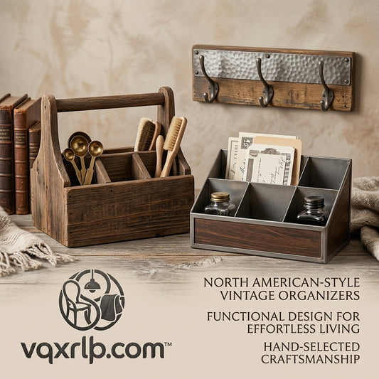 vqxrlkp.com™ Rustic Farmhouse Wooden Caddy and Metal Desk Organizer Set | Vintage Desktop Mail Sorter, Wooden Storage Tote with Handle & Wall Mounted Coat Hooks | Antique Style Home Office Organization Decor