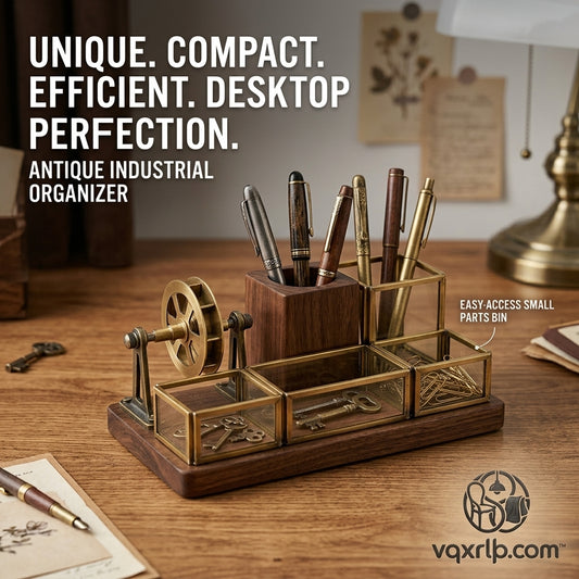 vqxrlp.com™ Antique Industrial Desk Organizer - Vintage Walnut Wood and Brass Glass Pen Holder, Retro Executive Desktop Stationery Caddy with Small Parts Storage Bins for Home Office Decor