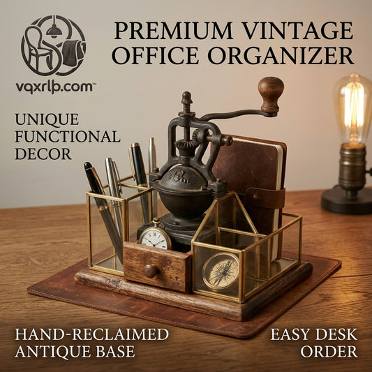 vqxrlkp.com™ Premium Vintage Desk Organizer - Antique Reclaimed Wood Executive Desk Caddy with Brass Glass Pen Holder, Retro Cast Iron Crank Decor, and Storage Drawer for Home Office & Study