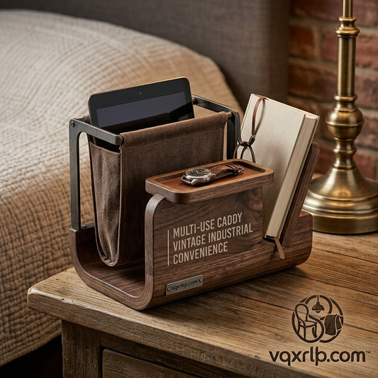 vqxrlkp.com™ Vintage Industrial Wooden Nightstand Organizer | Multi-Use Bedside Caddy & Tech Docking Station | Walnut Valet Tray, Tablet Stand, and Book Holder for Bedroom & Office