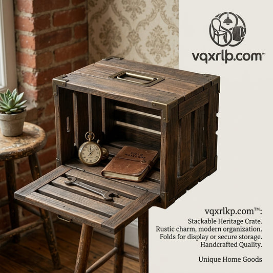 vqxrlkp.com™ Stackable Heritage Wooden Crate | Rustic Decorative Storage Box with Drop-Down Display Door | Handcrafted Vintage Organizer Chest with Metal Accents for Home & Office